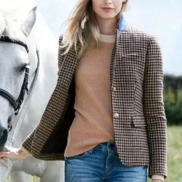 J Crew Schoolboy Wool Houndstooth Blazer - Women's Size 6 - Tan Burgundy - Picture 2 of 13